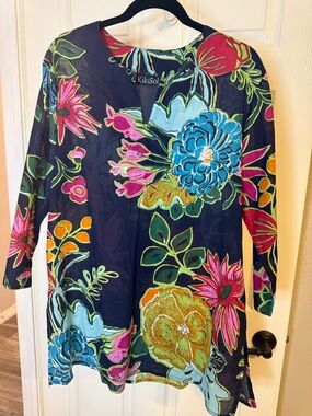 KikiSol Navy Floral Tunic with Bright Multicolor Blooms